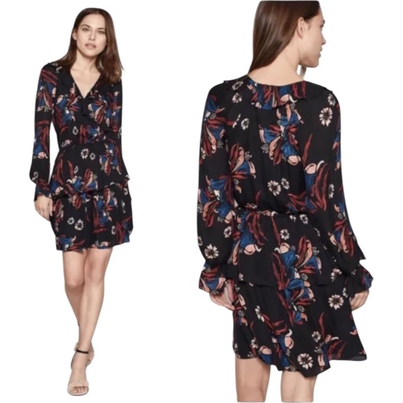 JOIE Silk Mini Dress Long Sleeve V-Neck Layered Ruffle Skirt Large Black Floral - Picture 1 of 5